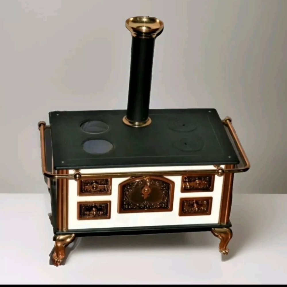 Vintage large doll wood stove black / gold tone trim approx 14x8x8"